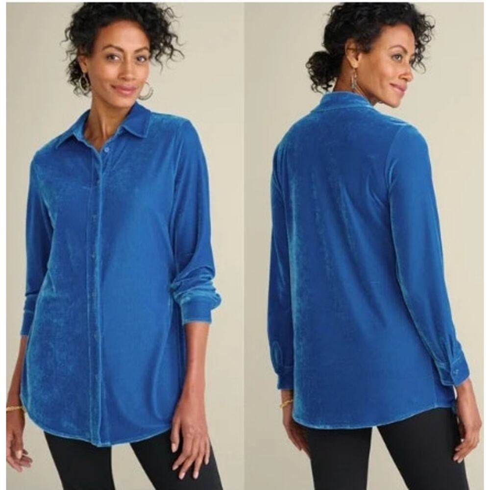 Soft Surroundings Velvet Boyfriend Tunic Shirt Blue‎ Size XL
